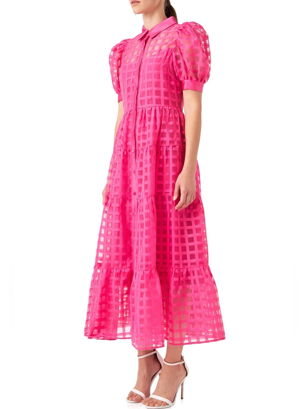 English Factory Hot Pink Check Tiered Maxi Dress NWT